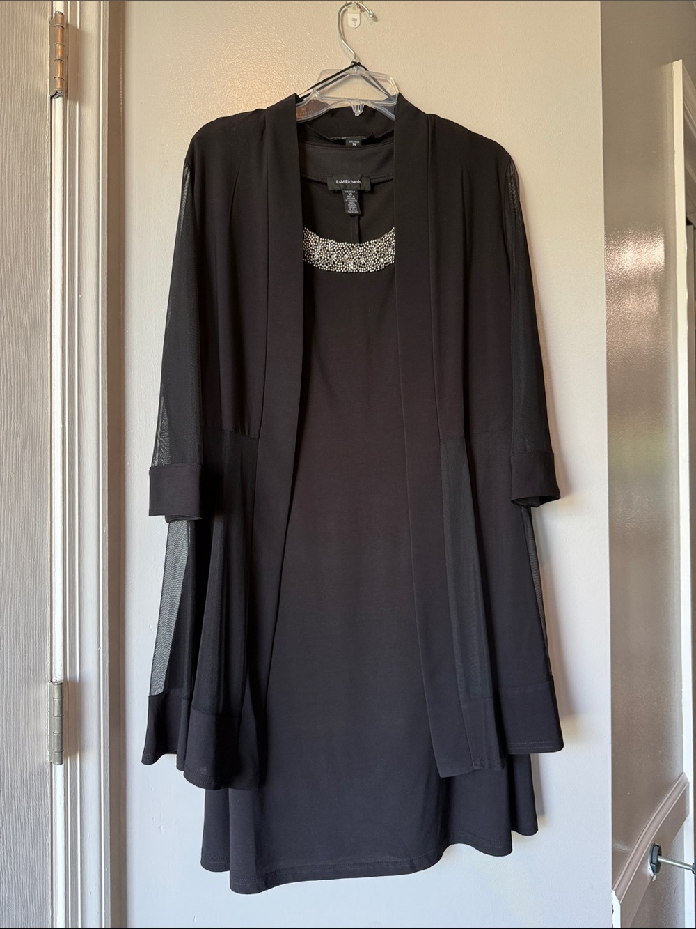 R&M Richards Black Beaded Neck Evening Dress with Sheer Overlay